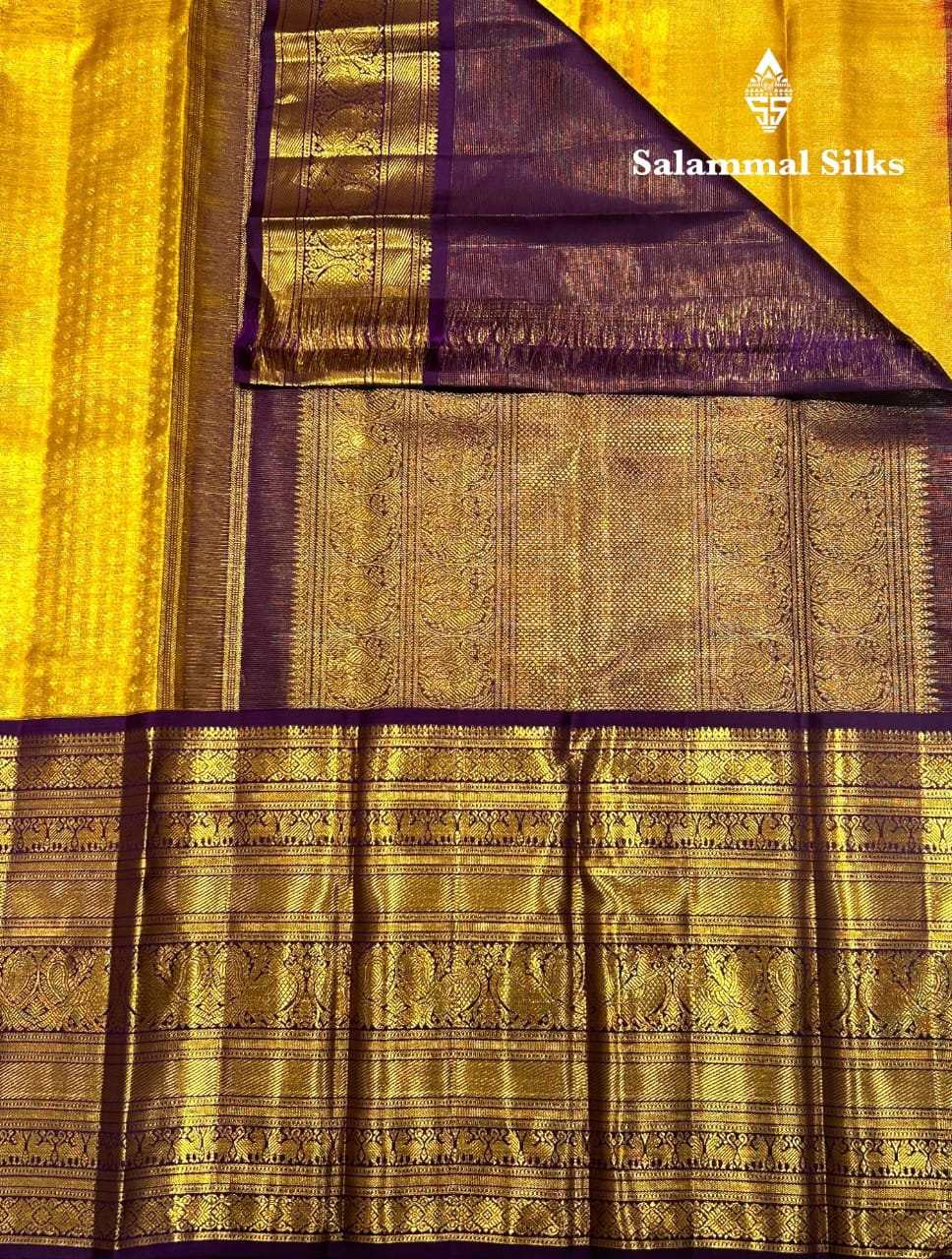 Golden Yellow Kanjivaram Pure Silk Saree 2G Zari With Dark Magenta Border