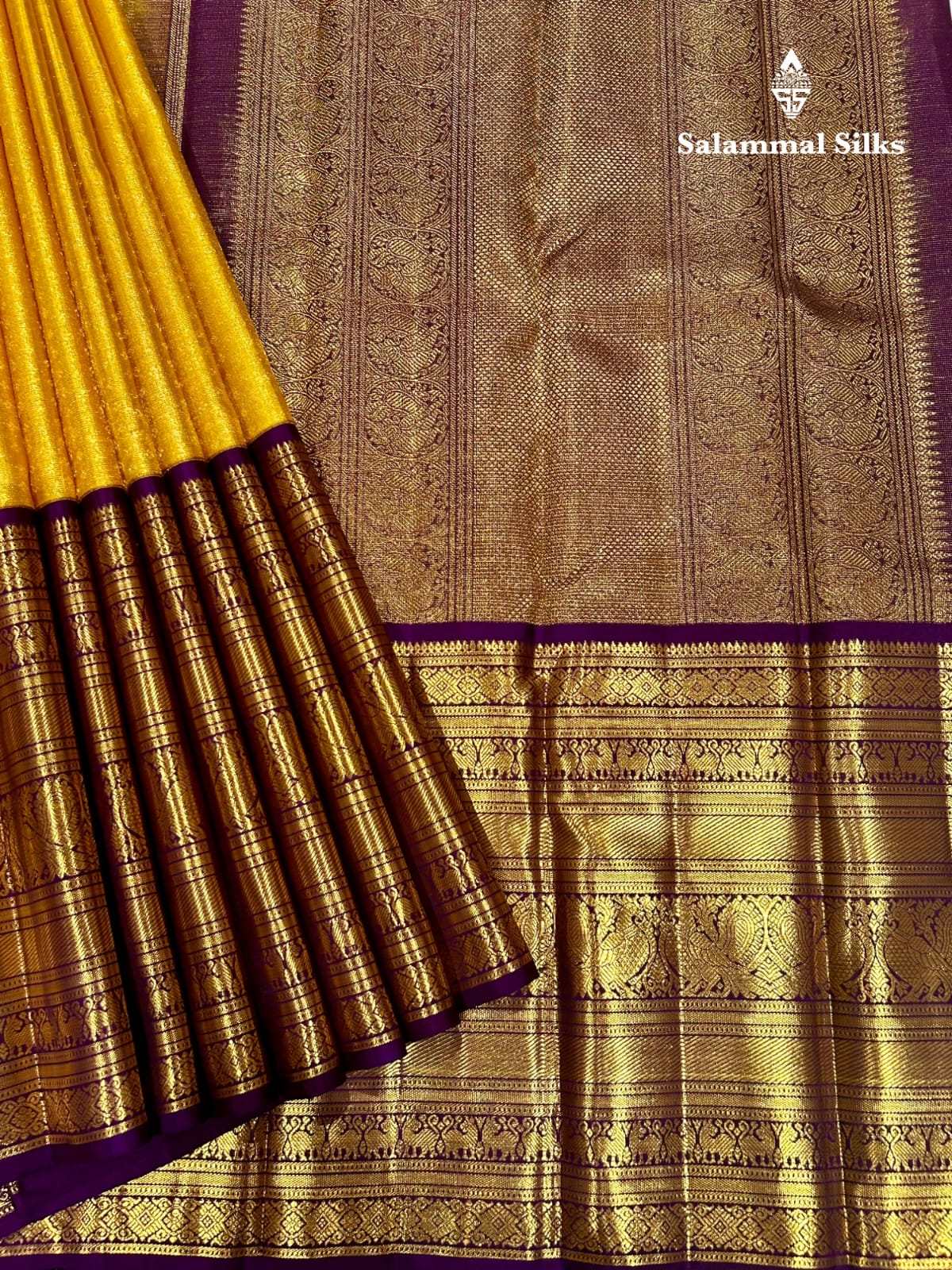 Golden Yellow Kanjivaram Pure Silk Saree 2G Zari With Dark Magenta Border