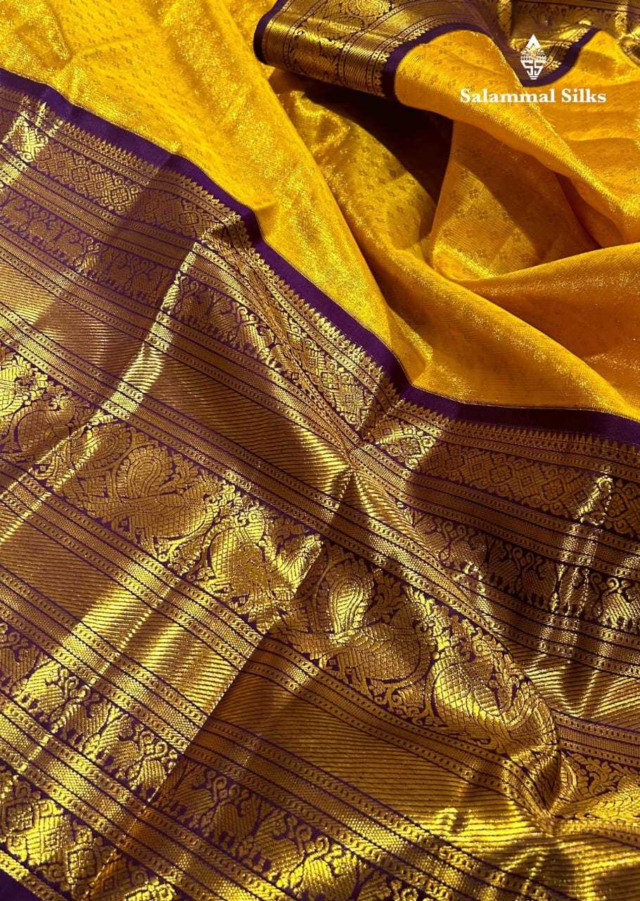 Golden Yellow Kanjivaram Pure Silk Saree 2G Zari With Dark Magenta Border