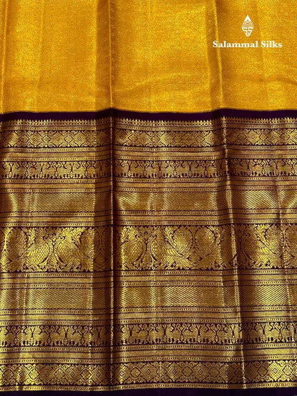 Golden Yellow Kanjivaram Pure Silk Saree 2G Zari With Dark Magenta Border