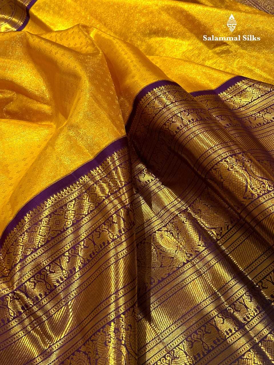 Golden Yellow Kanjivaram Pure Silk Saree 2G Zari With Dark Magenta Border