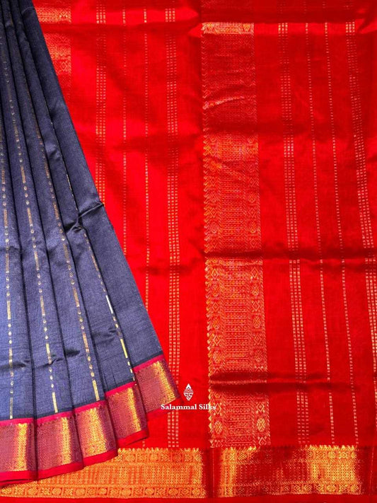 Dark Grey Kanjivaram Pure Silk Cotton with Red Border