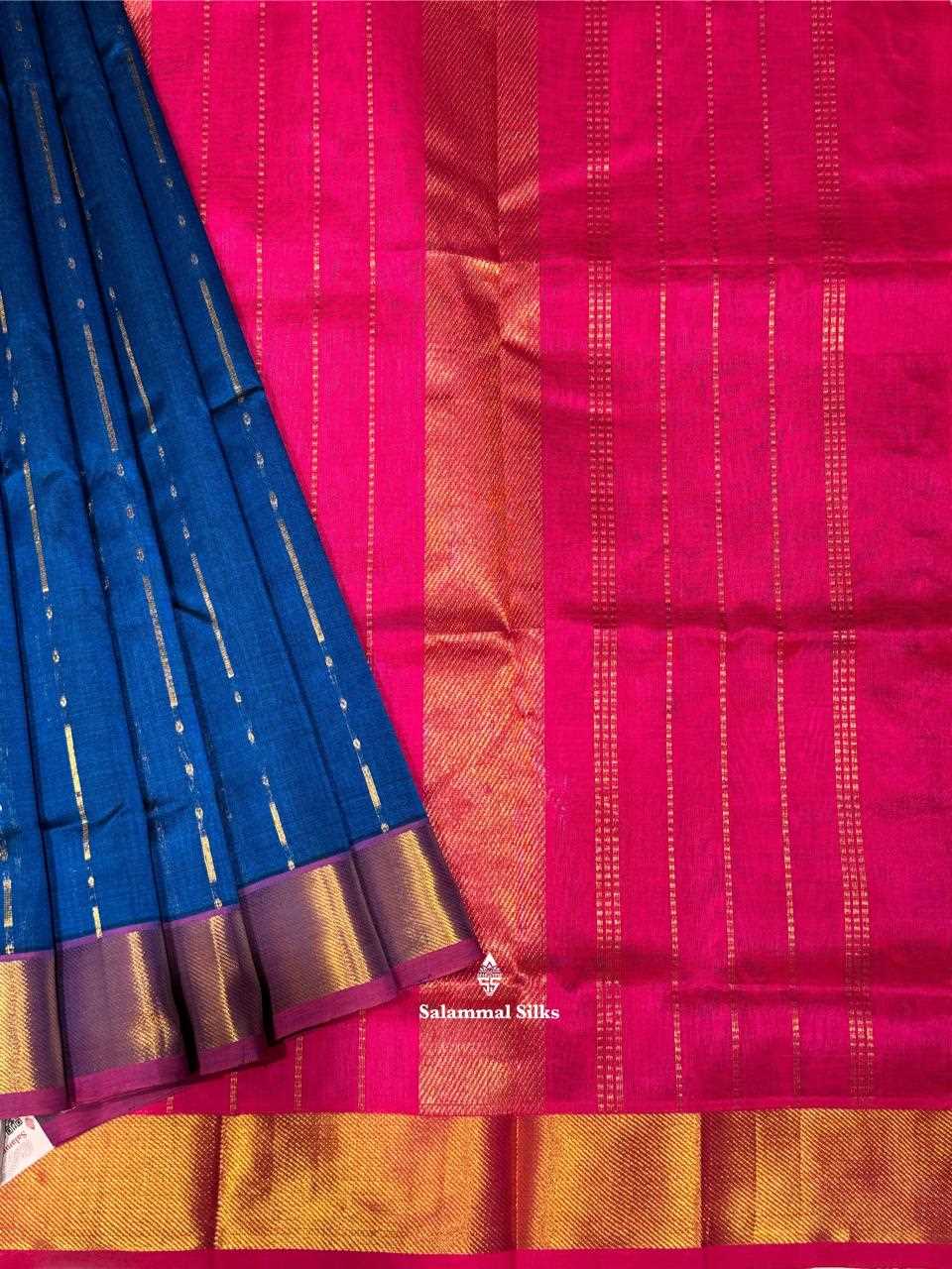 Peacock Blue Kanjivaram Pure Silk Cotton with Pink Border