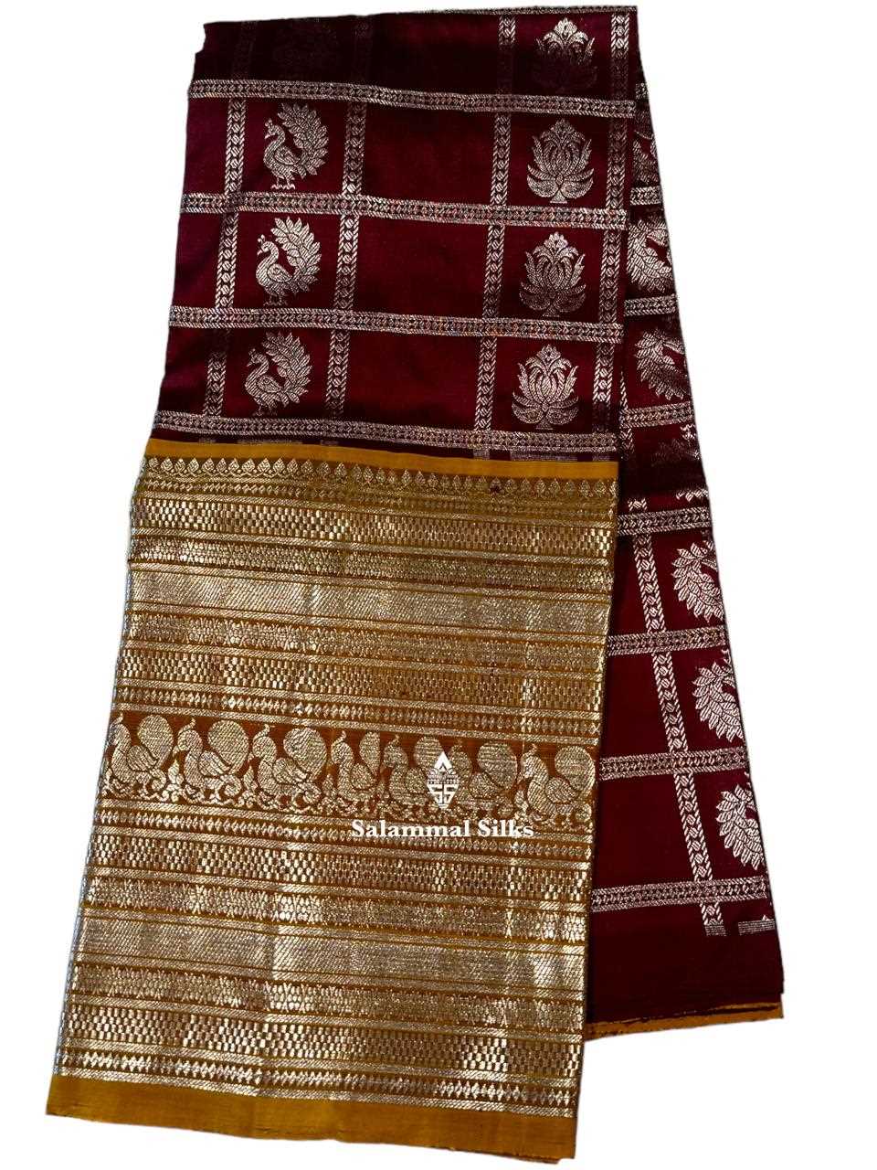 Pure Silk Pattu Pavadai (Maroon Silver Checks) With Mustard Yellow Blouse 36"