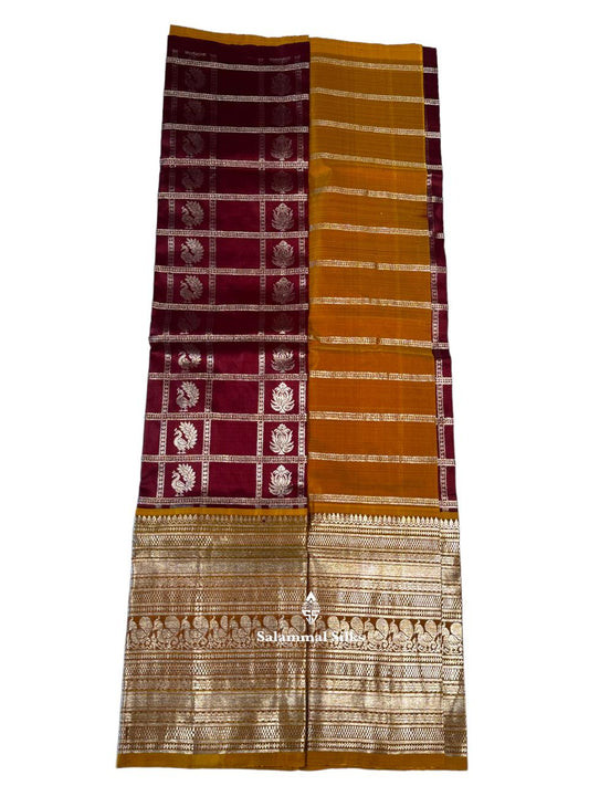 Pure Silk Pattu Pavadai (Maroon Silver Checks) With Mustard Yellow Blouse 36"