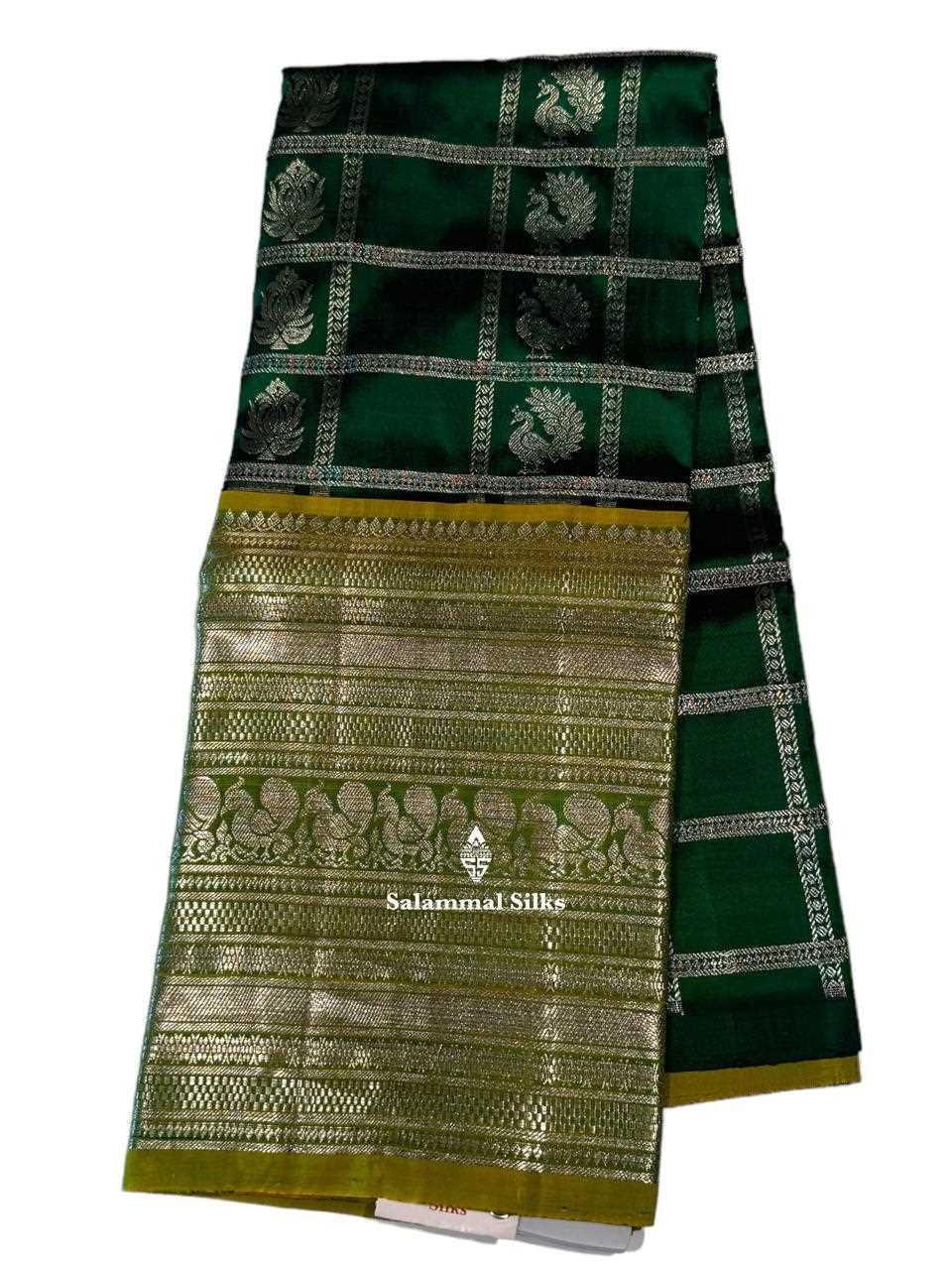 Pure Silk Pattu Pavadai ( Bottole Green Silver Checks) With Parrot Green Blouse 36"