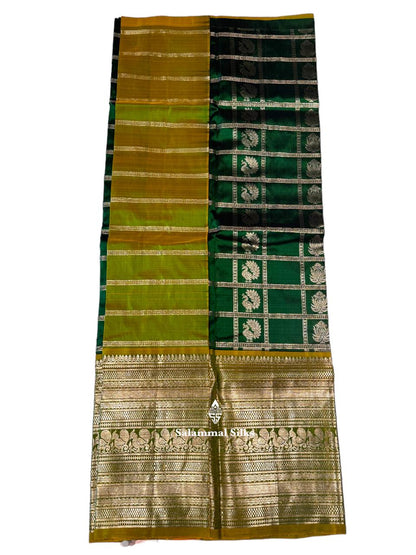 Pure Silk Pattu Pavadai ( Bottole Green Silver Checks) With Parrot Green Blouse 36"