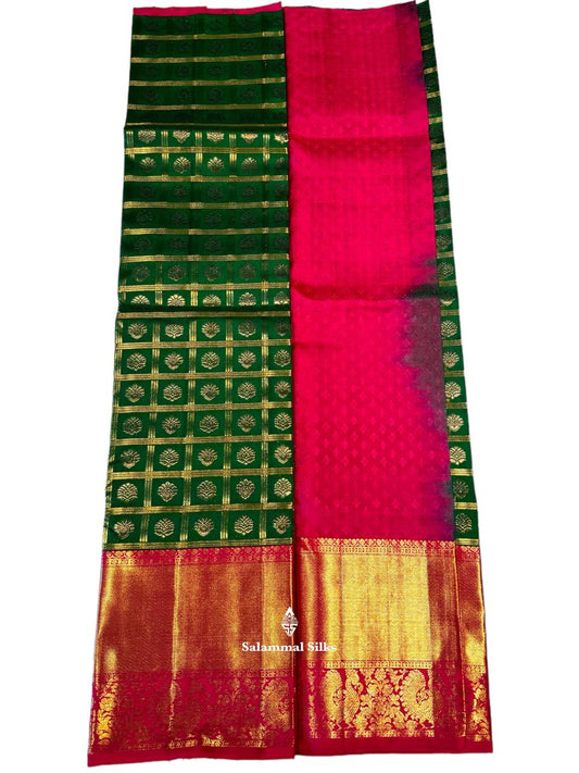 Pure Silk Pattu Pavadai (Green Checks ) With Pink Blouse 36"