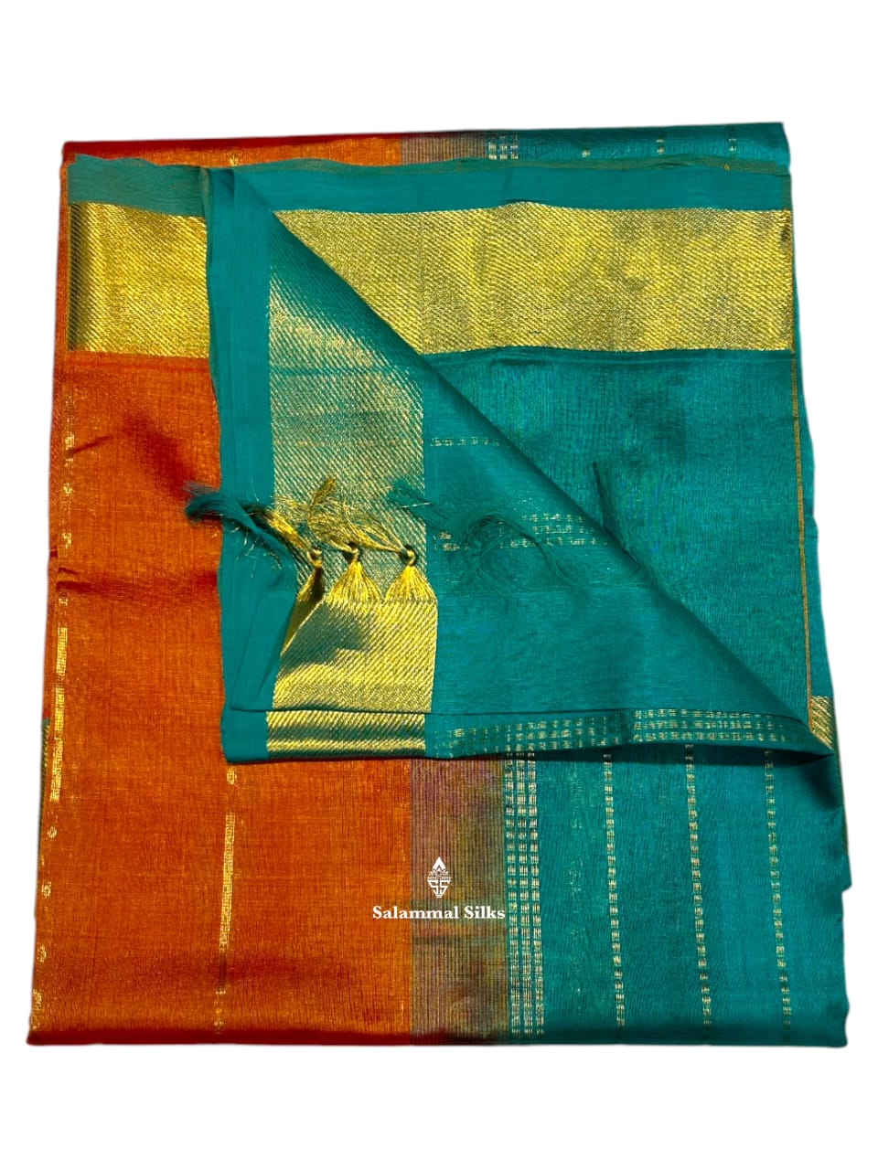 Golden Orange Kanjivaram Pure Silk Cotton with Teal Border