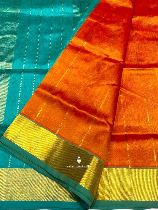 Golden Orange Kanjivaram Pure Silk Cotton with Teal Border