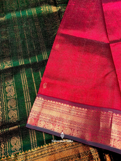 Red Vairaoosi Small Butta Kanjivaram Pure Silk Cotton with Green Border