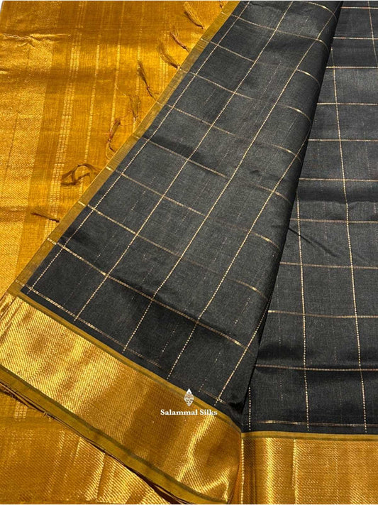 Black Checks  Kanjivaram Pure Silk Cotton with Golden Mustard Border