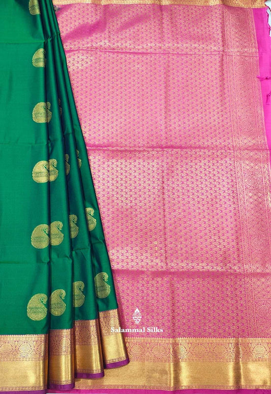 Green Semi Soft Silk Saree With Pink Border