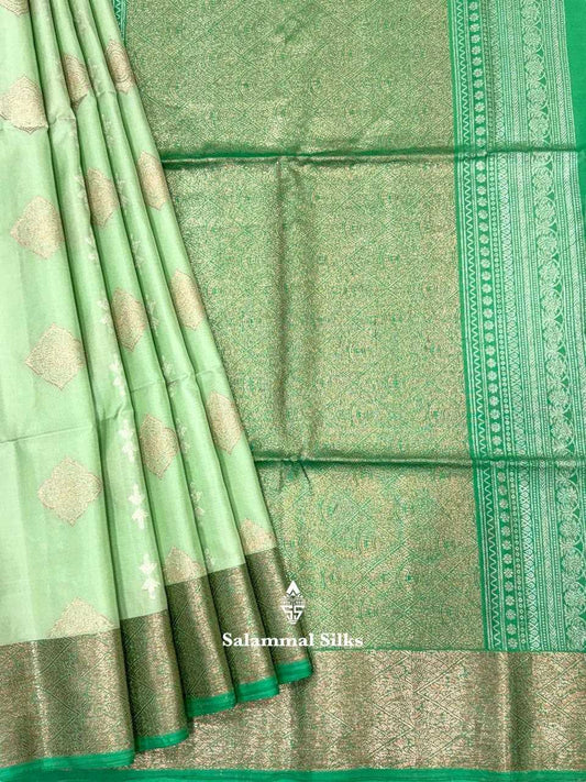 Elachi Green Pure Soft Silk Saree With Teal Border