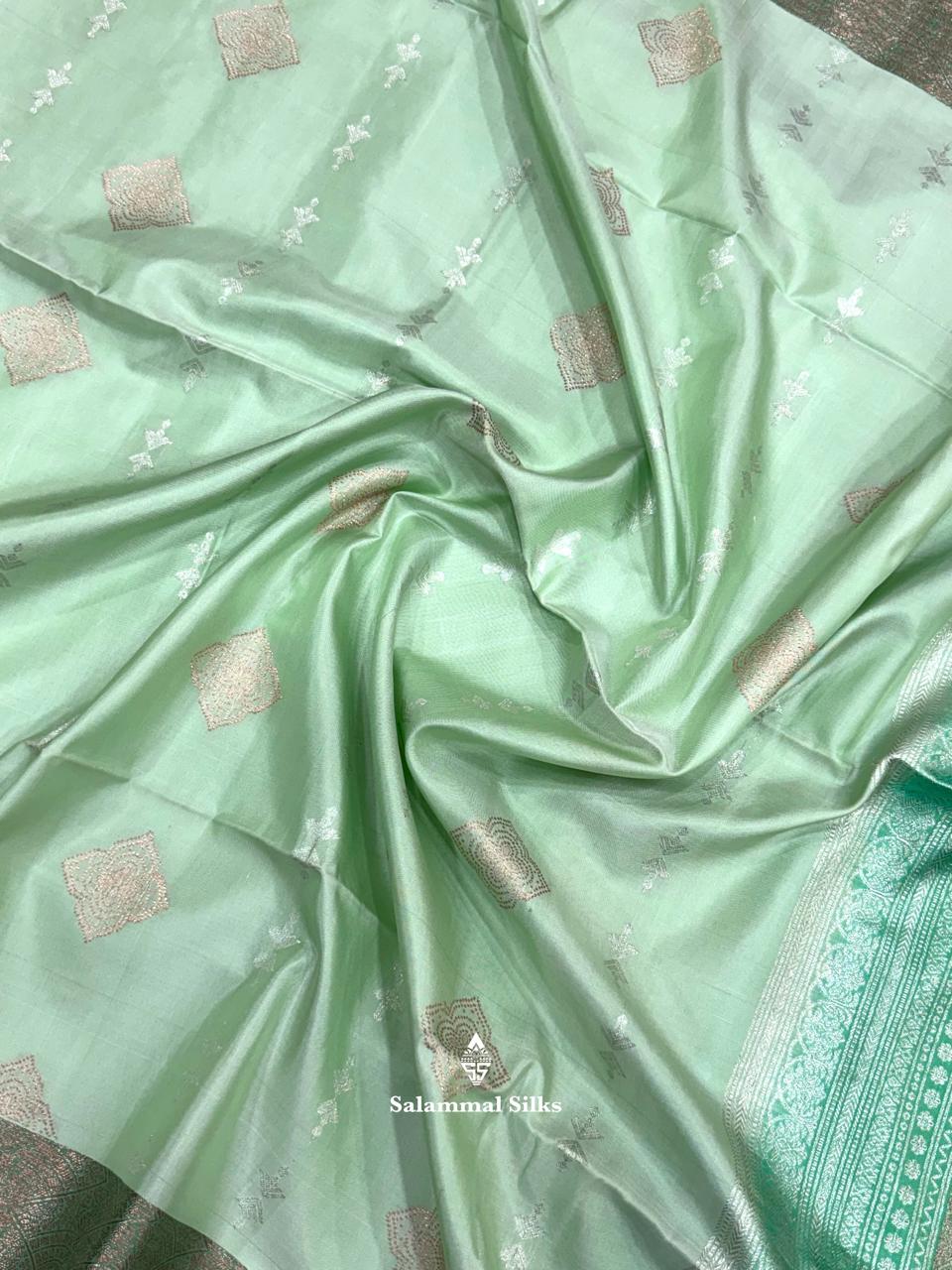 Elachi Green Pure Soft Silk Saree With Teal Border