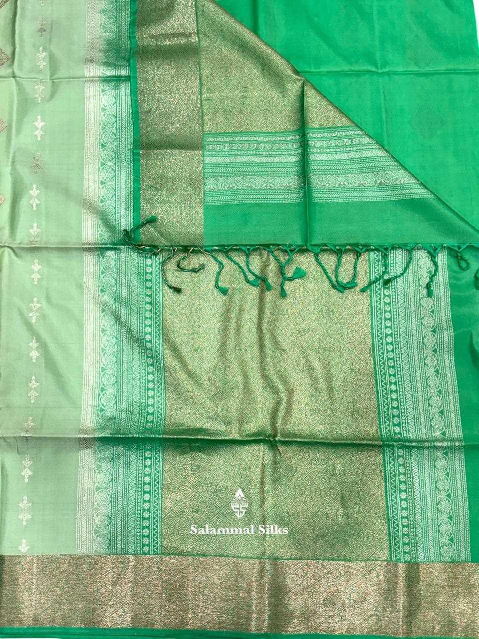 Elachi Green Pure Soft Silk Saree With Teal Border