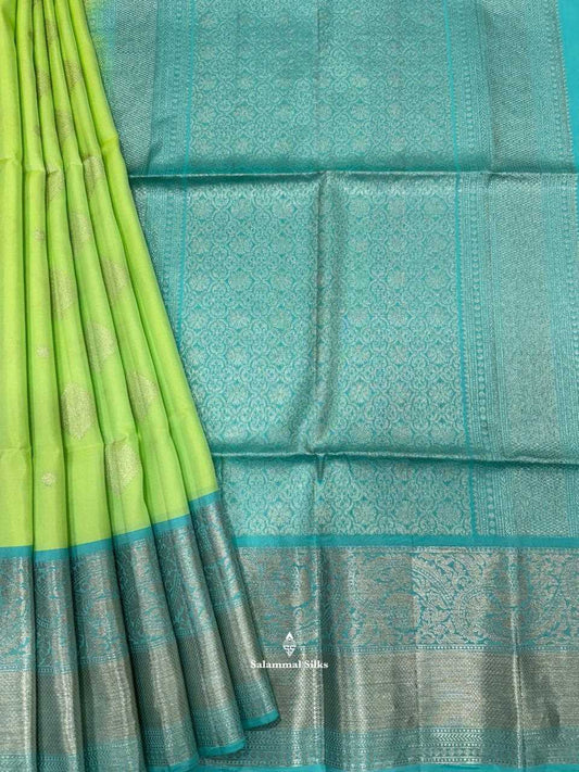 Light Parrot Green Pure Soft Silk Saree With Teal Border