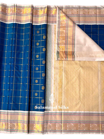 Kanjivaram Peacock Blue Silk Saree With Half White Border