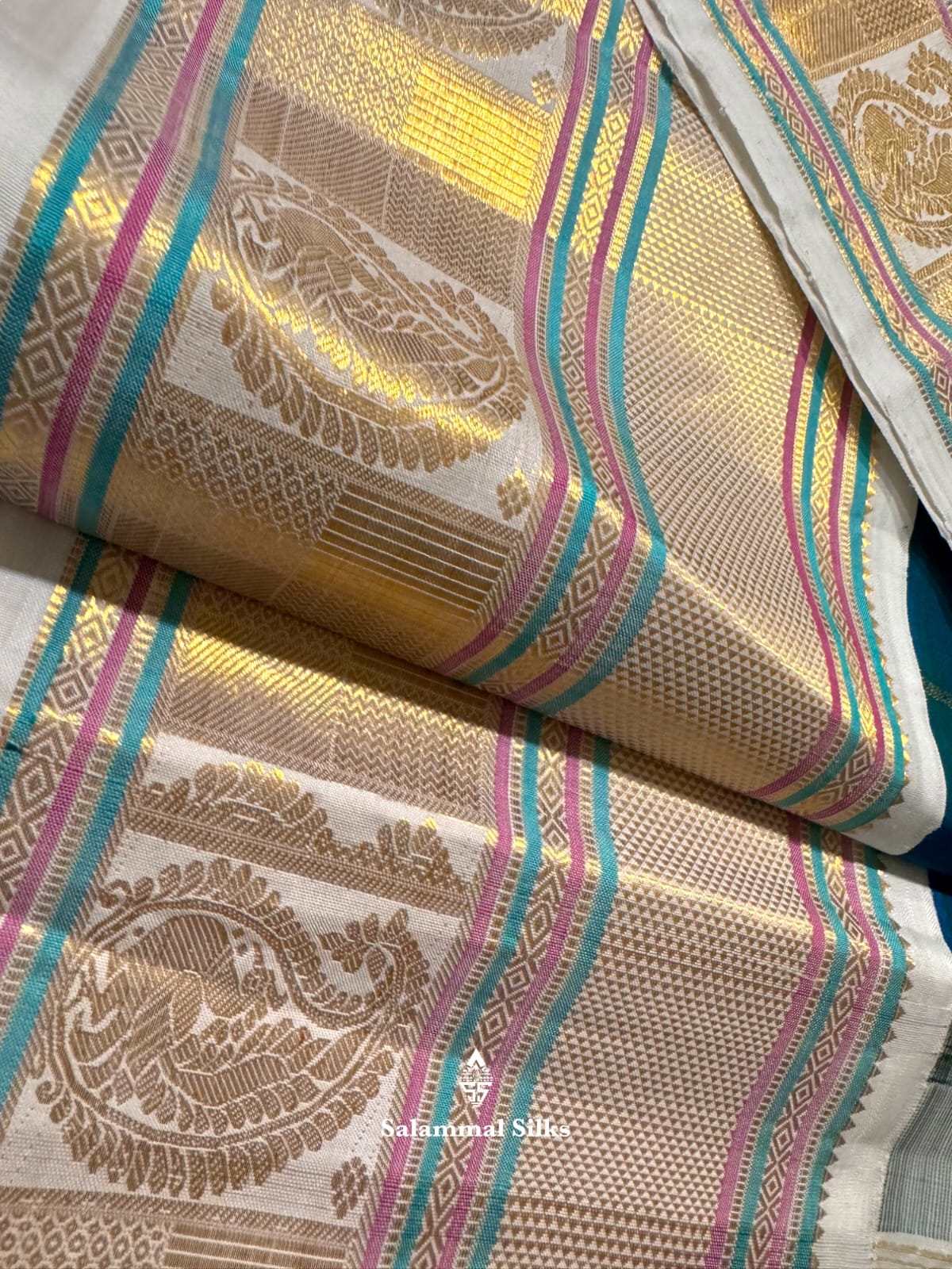 Kanjivaram Peacock Blue Silk Saree With Half White Border