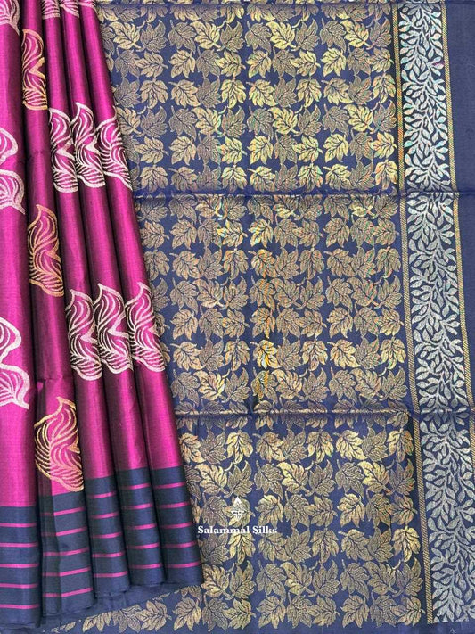 Magenta Pure Soft Silk Saree With Navy Blue Border