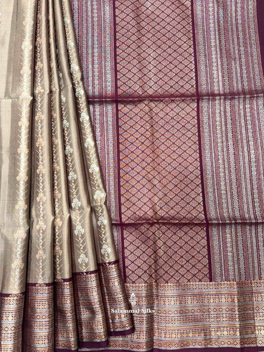 Light Grey Soft Silk Saree With Maroon Border