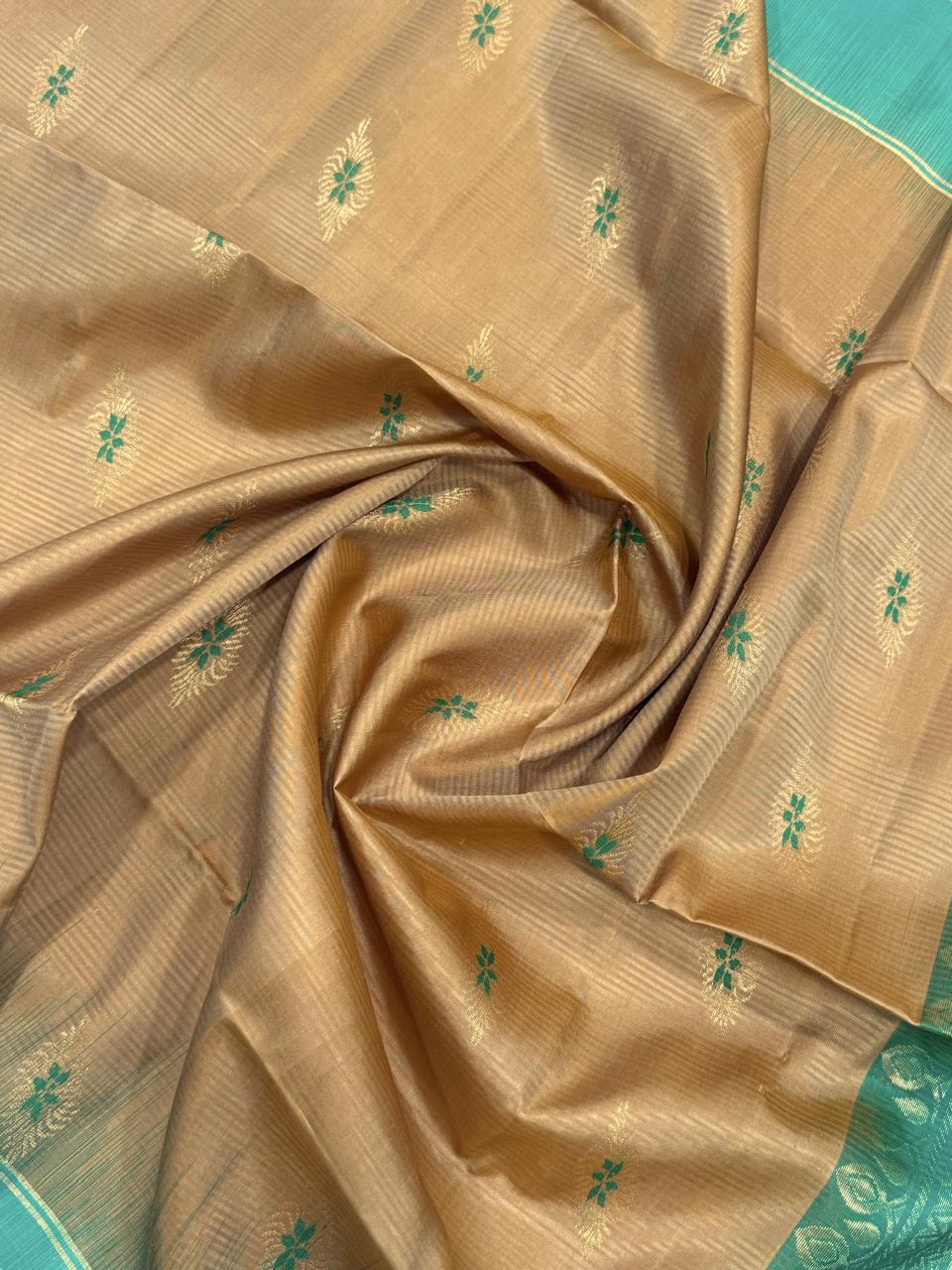 Sandal Soft Silk Saree With Sapphire Green Border