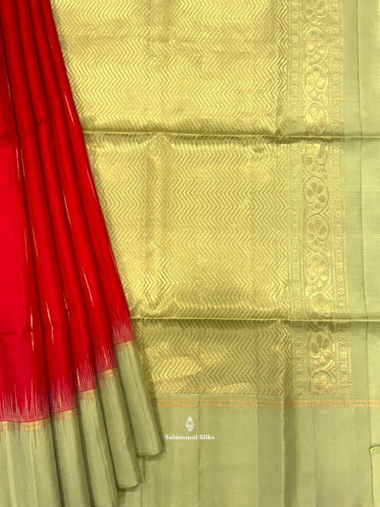 Red Rain Drops Soft Silk Saree With Pista Green Border