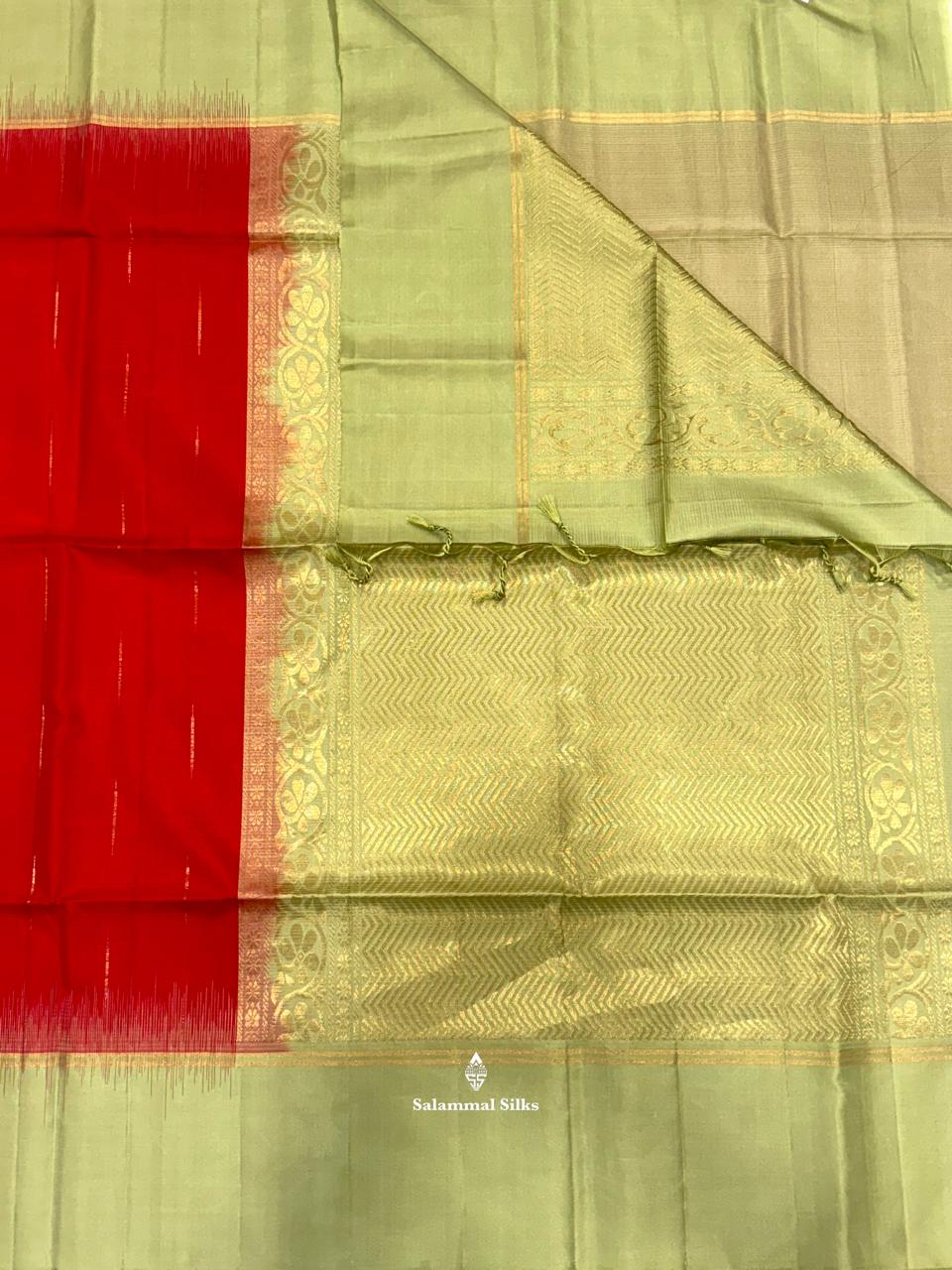 Red Rain Drops Soft Silk Saree With Pista Green Border