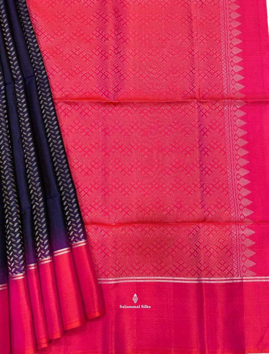 Navy Blue Soft Silk Saree With Pinkish Orange Border