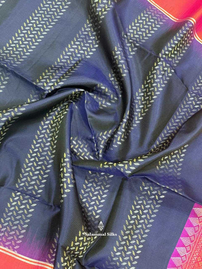 Navy Blue Soft Silk Saree With Pinkish Orange Border