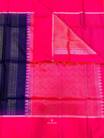 Navy Blue Soft Silk Saree With Pinkish Orange Border