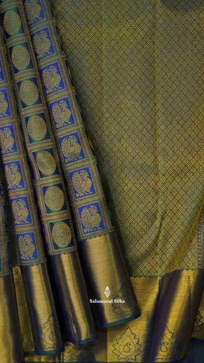 Kanjivaram Peacock Blue Silk Saree With Designer Blouse