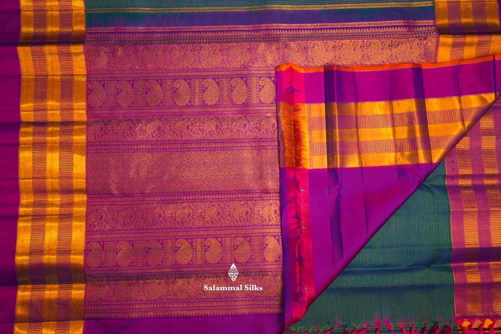 Kanjivaram Pure Silvar Zari Peacock Blue Cheks Pure Silk Saree With Violet Border