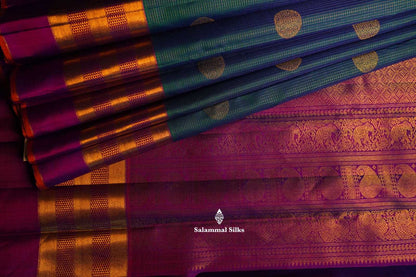 Kanjivaram Pure Silvar Zari Peacock Blue Cheks Pure Silk Saree With Violet Border