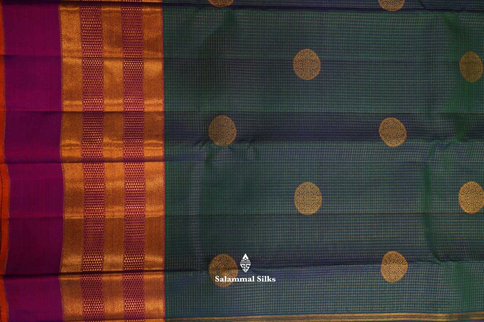 Kanjivaram Pure Silvar Zari Peacock Blue Cheks Pure Silk Saree With Violet Border