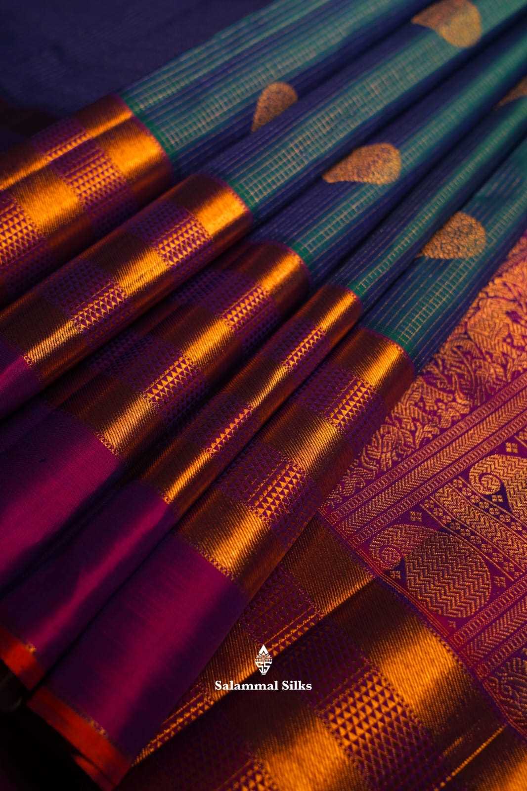 Kanjivaram Pure Silvar Zari Peacock Blue Cheks Pure Silk Saree With Violet Border