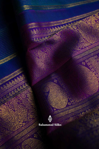 Kanjivaram Pure Silvar Zari Peacock Blue Cheks Pure Silk Saree With Violet Border