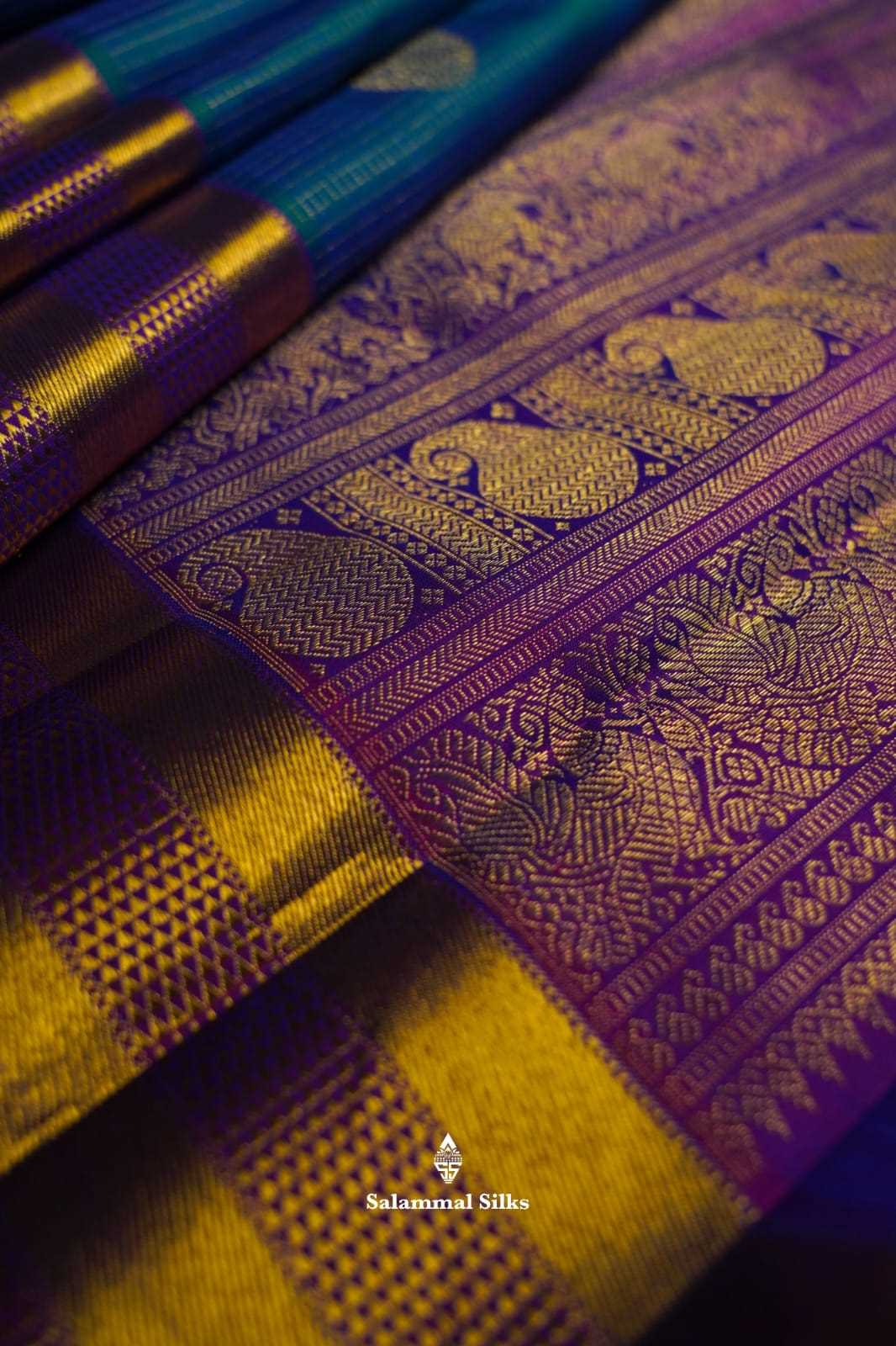 Kanjivaram Pure Silvar Zari Peacock Blue Cheks Pure Silk Saree With Violet Border