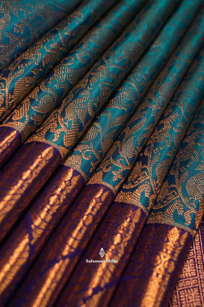 Kanjivaram Rama Green Silk Saree With Violet Blouse