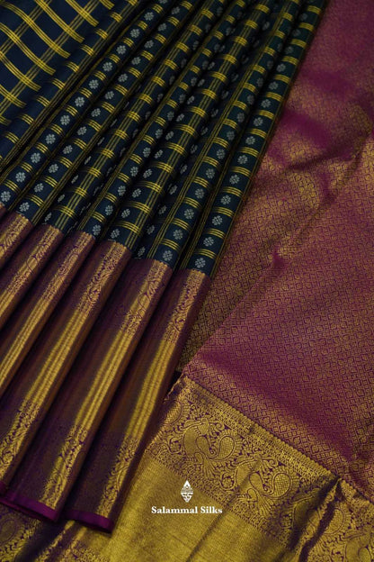 Kanjivaram Bottle Green Checks Silk Saree With Magenta Border