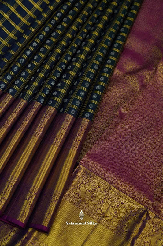 Kanjivaram Bottle Green Checks Silk Saree With Magenta Border