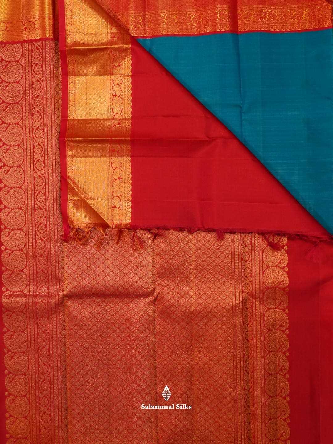 Kanjivaram Anandha Blue  Pure Silk Saree With Red Blouse