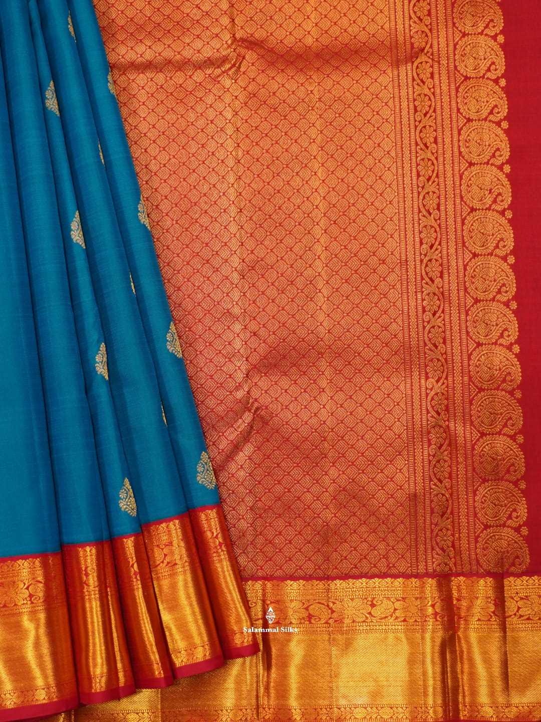 Kanjivaram Anandha Blue  Pure Silk Saree With Red Blouse