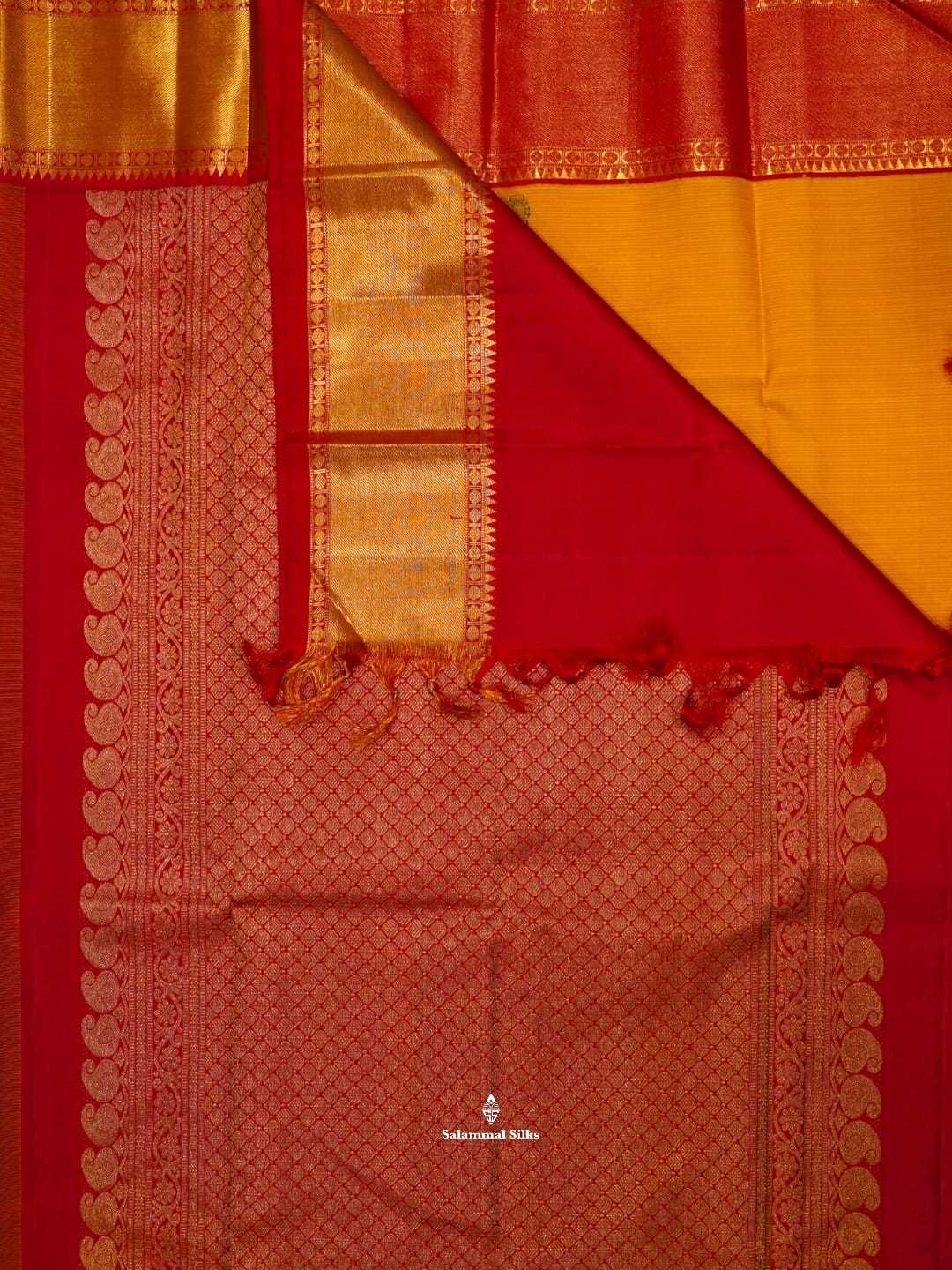 Kanjivaram Yellow  Pure Silk Saree With Red Blouse