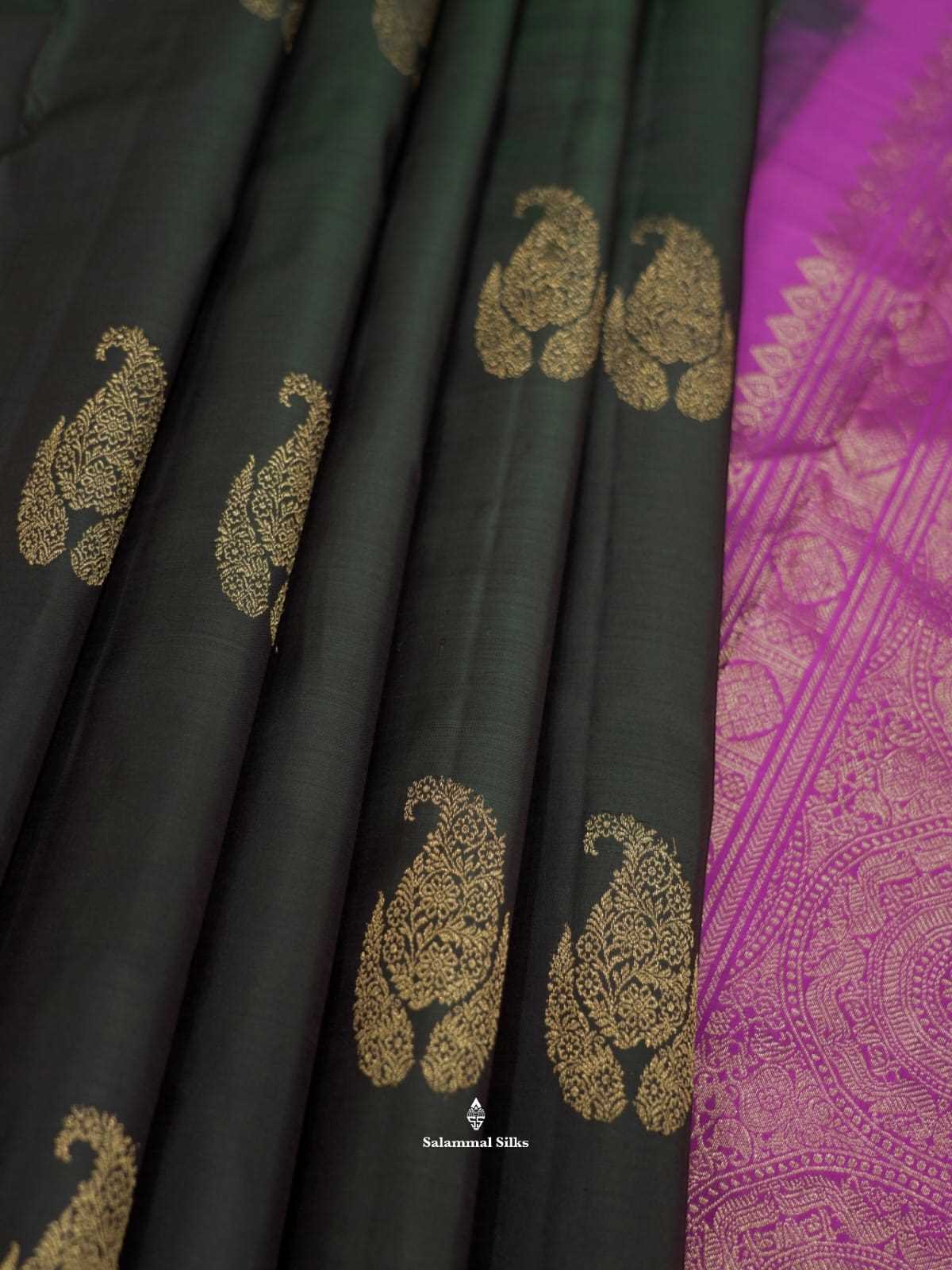 Kanjivaram Bottle Green Pure Silk Saree With Magenta Border