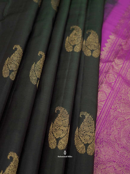 Kanjivaram Bottle Green Pure Silk Saree With Magenta Border