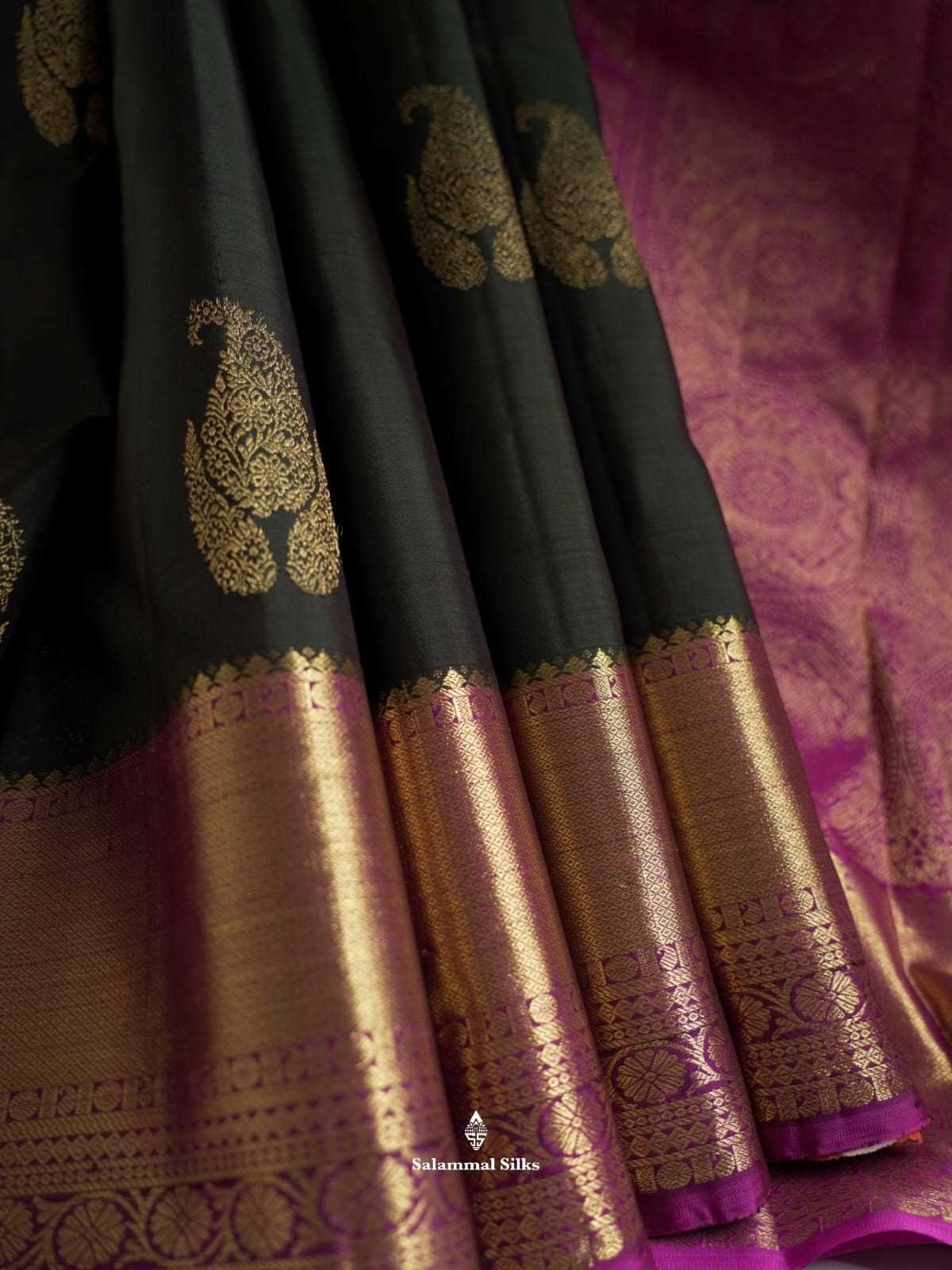 Kanjivaram Bottle Green Pure Silk Saree With Magenta Border