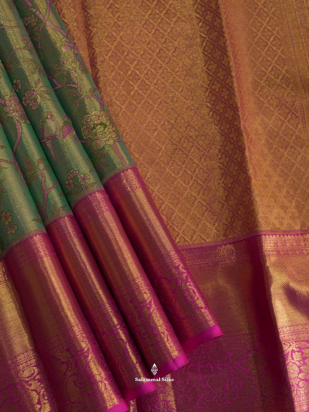 Kanjivaram Green Pink Tissue Pure Silk Saree With Pink Border