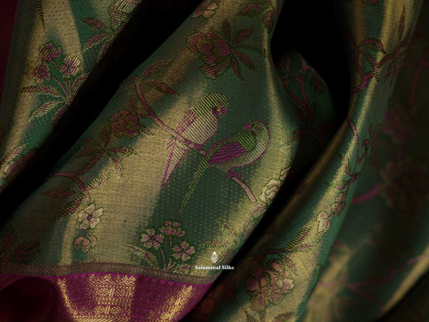 Kanjivaram Green Pink Tissue Pure Silk Saree With Pink Border