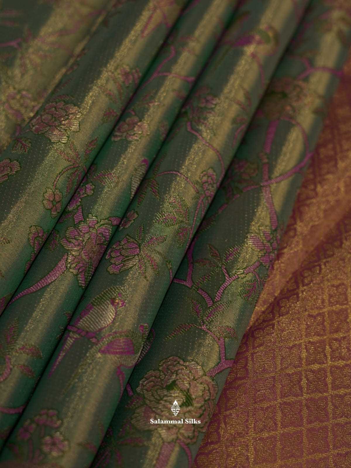 Kanjivaram Green Pink Tissue Pure Silk Saree With Pink Border